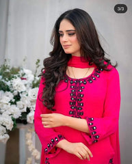 Hot Pink Chiffon 3-Piece Suit with Mirror Embroidery