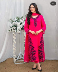 Hot Pink Chiffon 3-Piece Suit with Mirror Embroidery