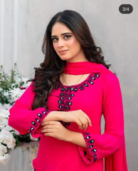Hot Pink Chiffon 3-Piece Suit with Mirror Embroidery