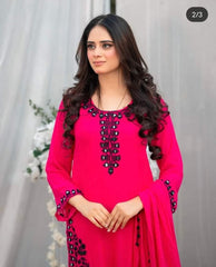 Hot Pink Chiffon 3-Piece Suit with Mirror Embroidery