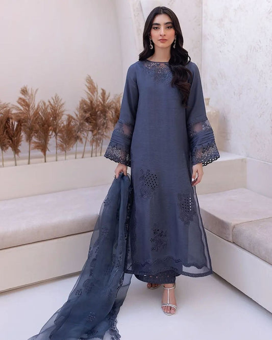 Elegant Grey Raw Silk Ensemble with Thread Embroidery