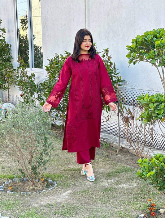 Sophisticated MAROON – Elegant Chikankari Embroidery Dress